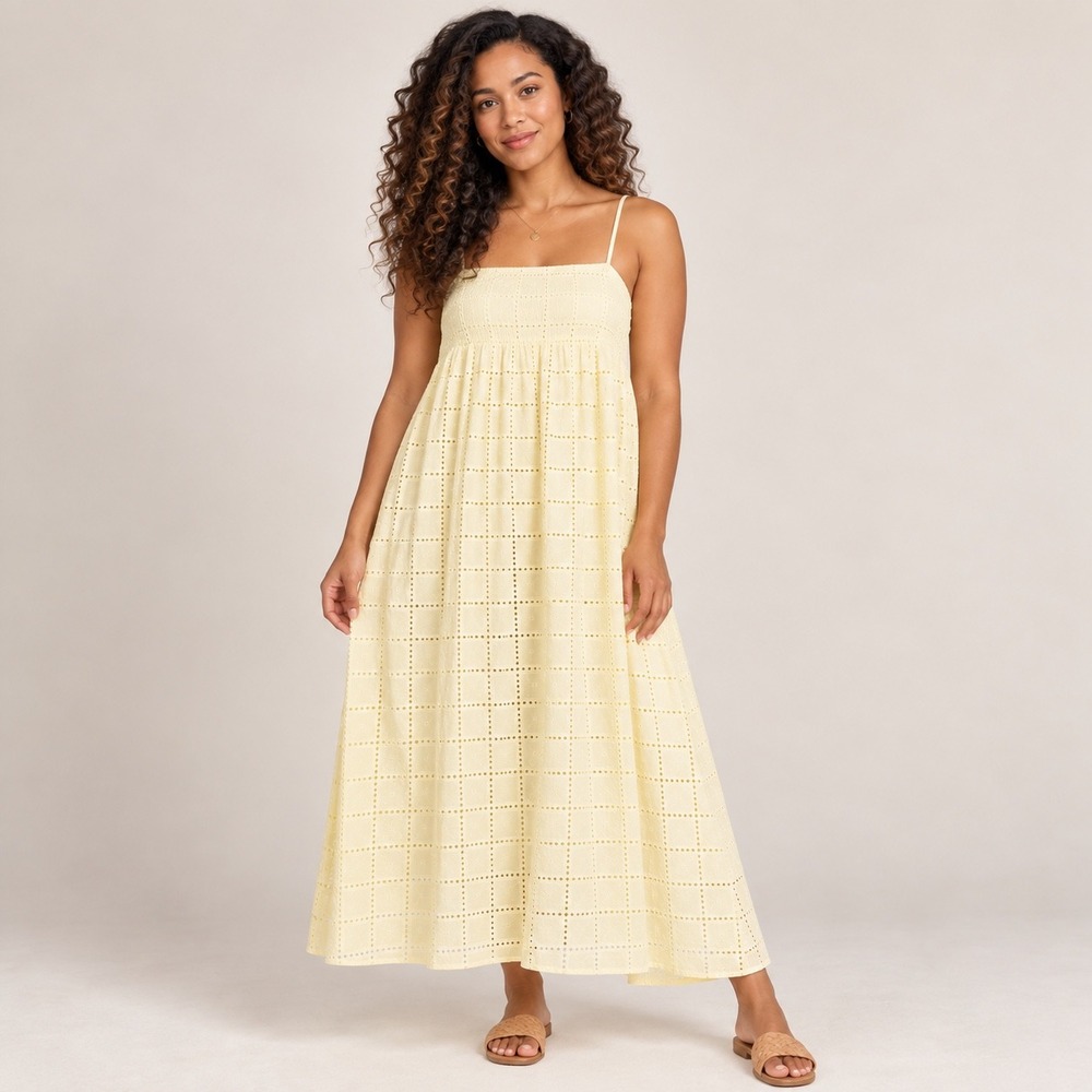 Petal & Pup Aliyah Cotton Eyelet Maxi Dress Butter Yellow Grid Plaid XL